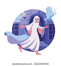 A flat illustration of running spooky character in ghost costume