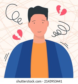 flat illustration sad broken heart man with fake smile face expression