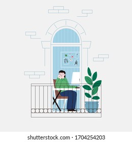Flat illustration of a sad and lonely woman working from home, staying home for the quarantine. Facade of an apartment house balcony door.