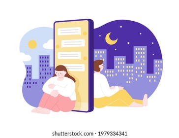 Ilustración plana de una pareja joven triste sentada de vuelta con el teléfono en medio. Concepto de ruptura, soledad o deseo de conexión social.