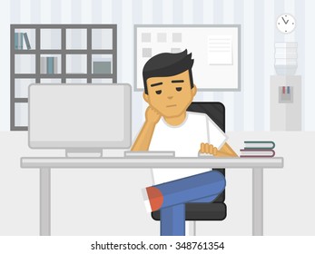 Flat illustration of sadness fatigue office worker, vector illustration