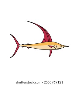 Flat illustration of a sailfish with long slender body, large sail fin, pointed tail, minimalistic design, clean background