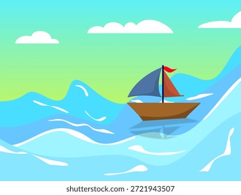 Ilustración plana de un barco de vela flotando en las olas del océano bajo un cielo claro con nubes. Coloridas y limpias obras de arte de estilo Vector que representan viajes, aventuras, libertad y exploración marítima. El diseño simple y moderno hace que esta ilustración sea adecuada para contenido infantil, materiales educativos, libros de cuentos, carteles, Sitios web, App móviles, presentaciones y proyectos creativos. El mar tranquilo y el concepto de navegación transmiten relajación, viaje y temas de naturaleza. No incluye texto, logotipos ni marcas, lo que lo hace ideal para Uso comercial, ilustraciones de stock y aplicaciones de diseño versátiles.