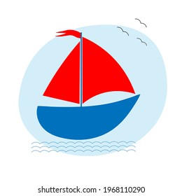 Flat illustration of a sailing ship with red sails in the sea. Traveler's postcard. Banner with a yacht. Vector background.