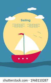 Flat illustration of a sailing ship at sea under a large yellow moon. Traveler's postcard. Banner with a yacht and a place for the text. Vector background.