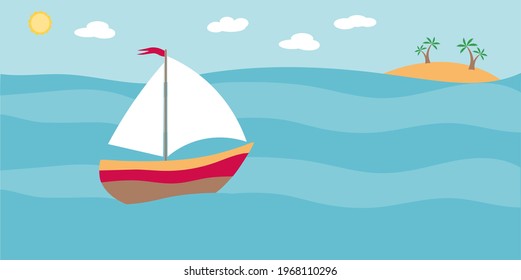 Flat illustration of a sailing ship at sea sailing to an island with palm trees. Traveler's postcard. Banner with a yacht on the waves. Vector background.