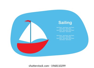 Flat illustration of a sailing ship at sea. Traveler's postcard. Banner with a yacht and place for your text. Vector background.