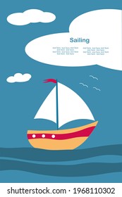 Flat illustration of a sailing ship at sea with seagulls. Traveler's postcard. Banner with a yacht and place for text. Vector background.