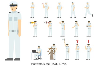 Ilustração plana: Conjunto de marinheiro (uniforme branco) com expressões faciais