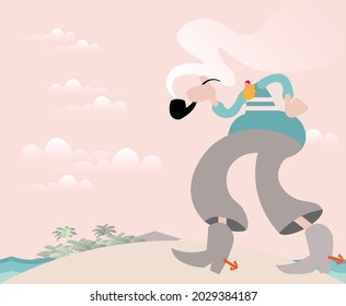 flat illustration of a sailor with a smocking pipe walking on a tropical island. Copy space