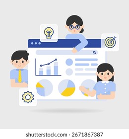 Flat illustration of a sales dashboard with graphs and teamwork, featuring lightbulb, gear, and target icons. Great for CRM, teamwork, and analytics designs.