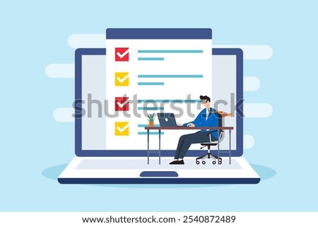 Flat illustration of sales manager fill business checklist on laptop screen in office desk