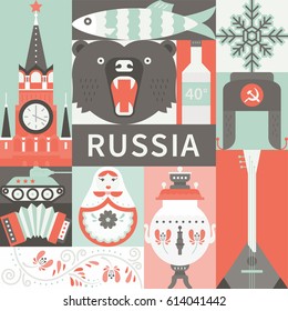 Flat illustration with samovar, matreshka, tank, kremlin and other symbols of Russia. Concept for travel banner.