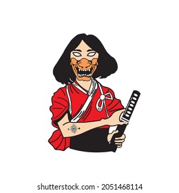 flat illustration of samurai with mask and sword, used for print
