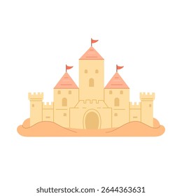 Ilustración plana de un castillo de arena con Pequeñas banderas rojas. Para verano, playa, mar, tarjeta, tropical y diseños de vacaciones. Aislado en el fondo blanco