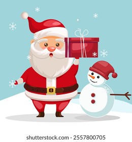 Flat illustration Santa Claus carries a box of gifts accompanied by a snowman