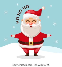 Flat illustration santa claus with ho ho ho text and snowfall