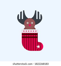 flat illustration of a santa claus reindeer coming out of christmas socks. Perfect for your Christmas