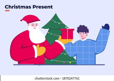 Flat illustration Santa give Christmas present, Santa Claus give present to children or kids, Happy kids in Christmas, Christmas fun holiday, Merry Christmas and happy new years.