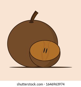 Flache Illustration. Sapodilla-Früchte einzeln auf einfarbigem Hintergrund. Geeignet für Tapete, Banner, Kinderbuchgrafik, Einladung, Flyer, Web-Design. Gesundes Essen.