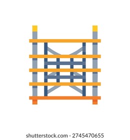 Flat illustration of scaffolding on White. Depicts framework using orange, blue, gray, and yellow hues in a minimalist style.