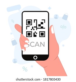 flat illustration, scan barcode with smartphone, scan QR code by Mobile, barcode scan process