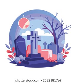 A flat illustration of scary graveyard