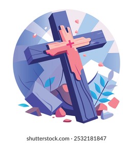 A flat illustration of scary graveyard cross