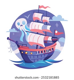 A flat illustration of scary pirate ship sailing in water