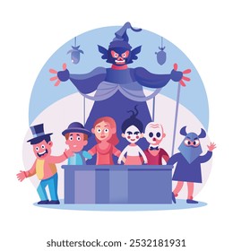 A flat illustration of scary puppets controlled by spooky character