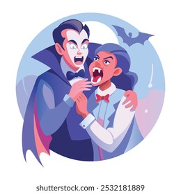 A flat illustration of scary vampire with horror girl