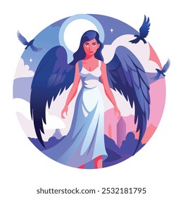 A flat illustration of scary winged woman