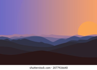 A flat illustration of scenic view: beautiful, calm and relaxing lanscape of a sunset