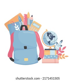 Flat illustration of a school backpack with school supplies and a stack of books with a backpack. School and education concept.