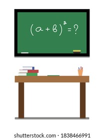 Flat illustration of school classroom with blackboard and desk