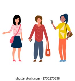 
Flat illustration with school girlfriends. Cartoon vector illustration. Friends chatting on a white background. 
girls hold handbags and a phone. Funny girlfriends