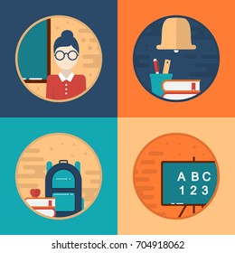 Flat Illustration of School Supplies. Blackboard, Books, Bell, Teacher