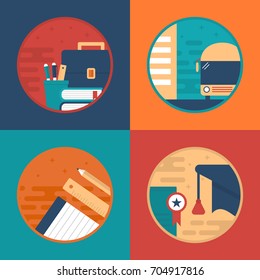 Flat Illustration of School Supplies. Case, Pens, Pencils, School Bus,Graduation Hat, Notebook, Ruler, Certificate