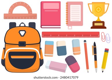 Ilustración plana de útiles escolares aislados sobre fondo blanco.