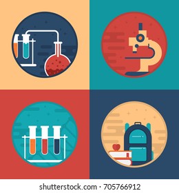 Flat Illustration of School Supplies. Light Bulb, Books, Backpack, Microscope, 