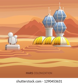 Flat Illustration Scientific Base on Surface Mars. Vector Image Future Mars Colonization. Over Technological Greenhouse for Growing Product and Plant in Red Planet. Radar Station. Settling New Planet
