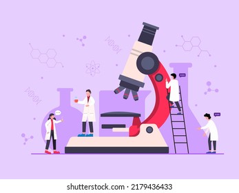 Flat illustration. Scientist concept, research, analysis, microbiology, biotechnology, chemist, equipment such as liquids, glassware, beakers.