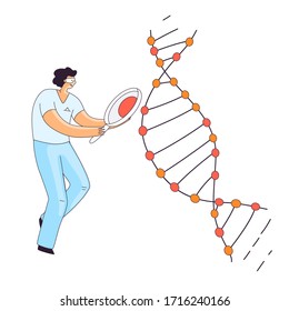 Flat Illustration of Scientist Man, Character Doing Genetic DNA Gene Research. Man looking for an Information in DNA Spiral for CRISPR Therapy, Vector Concept.