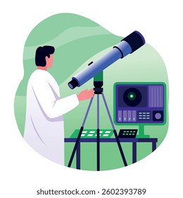 A flat illustration of a scientist observing stars with a telescope 
