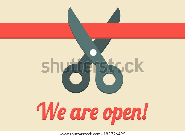 Flat illustration of scissors cutting red ribbon
with text We are open!