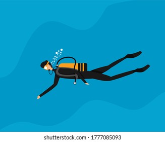 flat illustration scuba diving under water