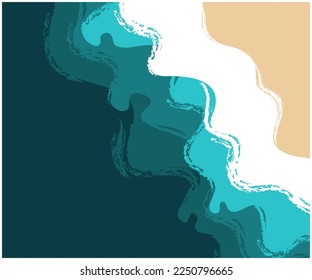 Ilustración plana del paisaje de olas marinas. Vistas a la playa desde el mar. 