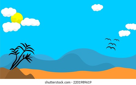 FLAT ILLUSTRATION OF SEA, WAVES, CLOUDS AND SUN VIEWS. SUITABLE FOR POSTER, BANNER, ADVERTISING, PROMOTION AND BACKGROUND