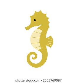 Flat illustration of a seahorse with curved, slender body, pale yellow color, minimalistic design, clean background