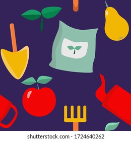 Flachbild nahtlose Muster mit Gartengegenständen. Set von isolierten Gartenwerkzeugen. Landwirtschaft und Anbau von Gemüse und Obst.